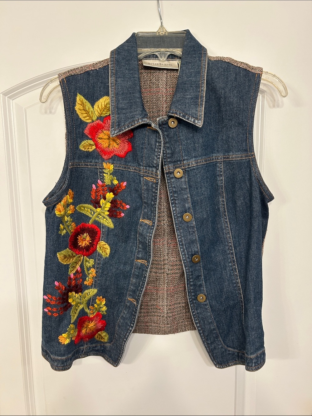 Susan Bristol Vintage Embroidered Floral Denim Vest - Blue